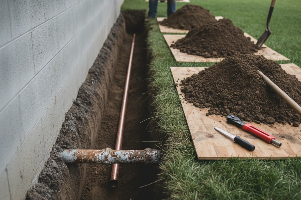 Excavated water line trench during Water Softener Installation in Holcomb